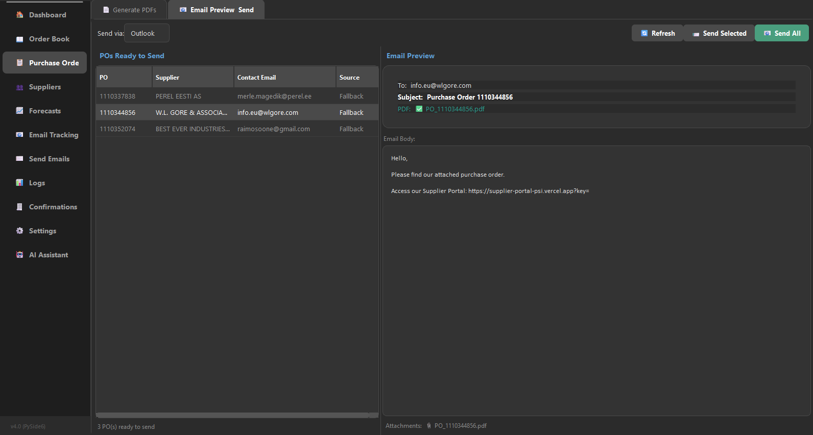 Onevyne purchase order workflow with approvals and send controls