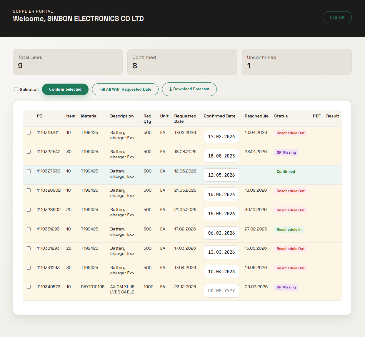 Onevyne supplier portal with confirmations and downloads